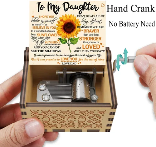 Vista 2 de BOOB Caja de música de madera con manivela grabada You are My Sunshine, regalo para hija de papá, mini caja de música de color girasol para Navidad