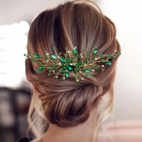 Vista 2 de Peine de pelo de novia de cristal verde dorado para novia, accesorios para mujeres y niñas, fotografía de fiesta (verde)