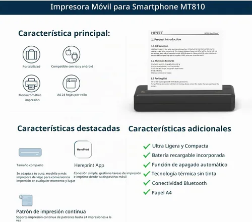 Vista 3 de HPRT Impresora portátil inalámbrica - Impresora térmica Bluetooth para Negro