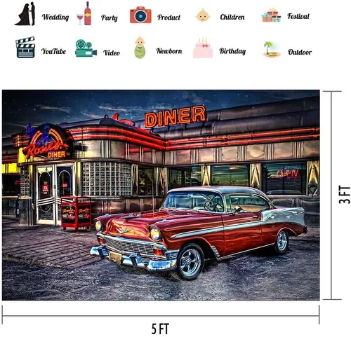 Vista 2 de Telón de Fondo de Rock Roll de los 50s para Diner, 1950s Coche Vintage Retro Nostalgia para Fotografía, 1.5x0.9m Telón de Fondo para Fotos