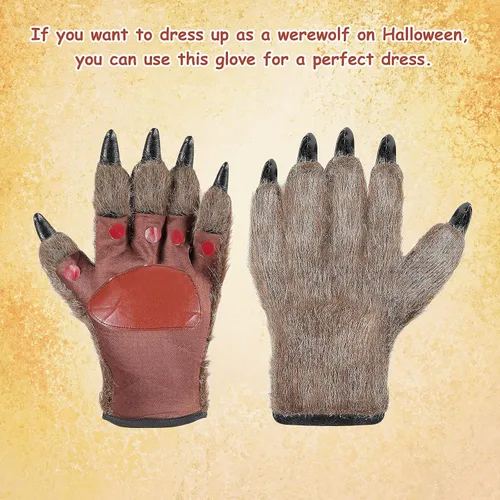 Vista 7 de Guantes de Halloween con garras de lobo peludo de animales de la pata de la bestia de las manos de la bestia para los favores de la fiesta
