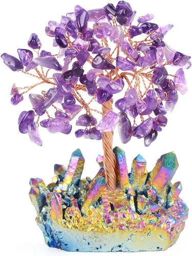 Vista 6 de Decoración de amatista natural, árbol de la vida, de cuarzo, arco iris, base de tatinio, cristales curativos, bonsái de Feng Shui, árbol de dinero