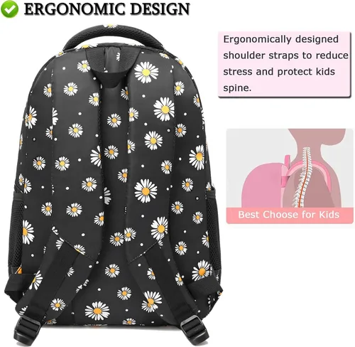 Vista 5 de Sugaroom - Mochila con estampado de margaritas con lonchera para niñas, escuela primaria, primaria, mochila para libros para adolescentes y niñas