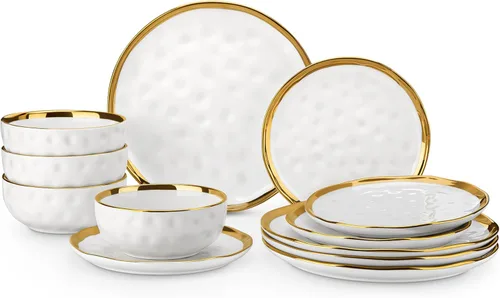 Vista 14 de LOVECASA Juego de 12 piezas de platos y cuencos, vajilla de porcelana negra y dorada, platos de cena redondos, juego de vajilla para 4 personas