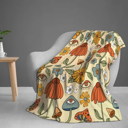 Vista 4 de Manta de hongos florales retro de los años 70, mantas suaves de franela para cama, acogedora y ligera, regalos de felpa para mujeres, hombres