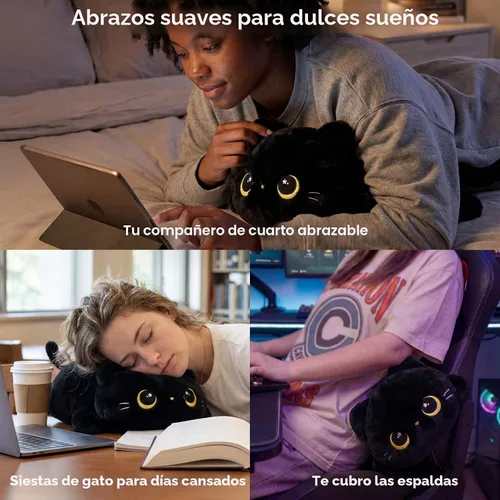 Vista 4 de Mewaii Linda Almohada de Felpa de Gato Negro, Peluches Kawaii de Animales de Peluche de Gato Negro, Peluches Suaves, Almohada de Felpa para Abrazar