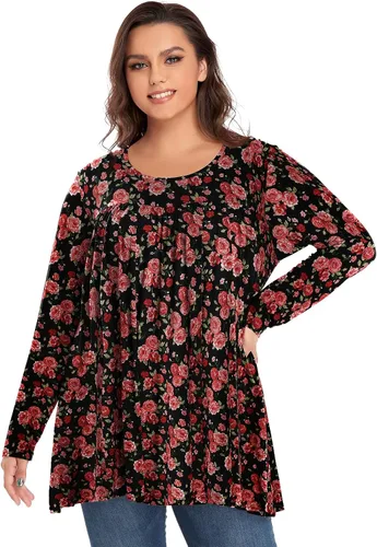 Vista 2 de OVERWORETY Camiseta tipo túnica de manga larga para mujer, plisada, casual, para otoño, para usar con leggings