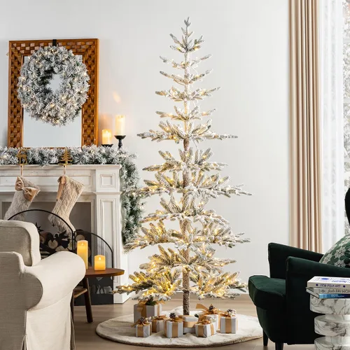 Vista 22 de Glitzhome - Árbol de Navidad artificial delgado preiluminado de 2.4 m, con ramas de pino Aspen Frostfall, soporte plegable de metal, 500 luces Aspen