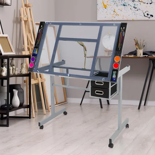 Vista 4 de LEMY Mesa de dibujo ajustable inclinable, escritorio de dibujo para artistas con cajones de almacenamiento y ruedas deslizantes, estación