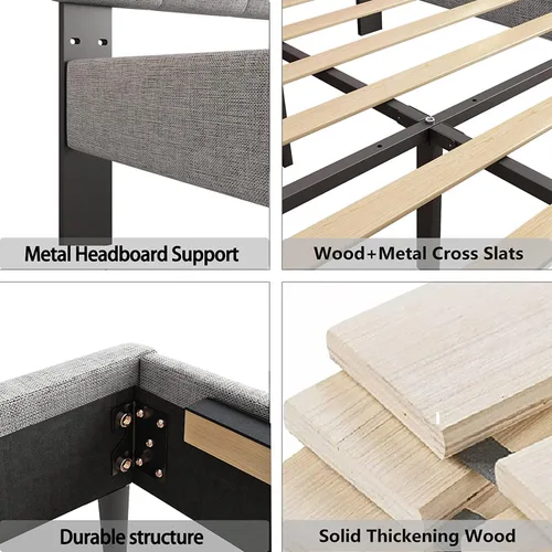 Vista 5 de Lijimei Base de cama Queen con cabecero, base de cama tapizada con soporte de listones de madera y cabecera cosida copetuda, base de colchón,