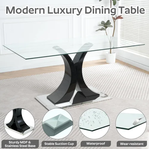 Vista 6 de Juego de comedor moderno de vidrio de lujo de 5 piezas, juego de cena rectangular minimalista grande para 4, juego de mesa de cocina de vidrio
