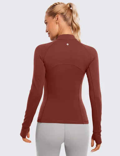 Vista 2 de CRZ YOGA Camiseta de manga larga con media cremallera para mujer, ajustada, para entrenamiento, yoga, atletismo, con agujeros para los pulgares