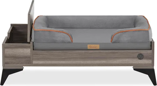 Vista 9 de Cama de madera para perros con colchón, elevada de pequeña a media, resistente al agua, cama para mascotas de madera con almacenamiento, certificado
