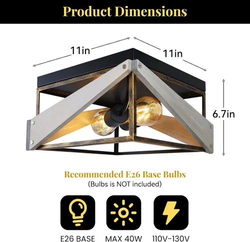 Vista 3 de Lámpara de techo industrial empotrada de 2 luces, lámpara de techo cuadrada de metal y madera, para cocina, pasillo, comedor, entrada, balcón