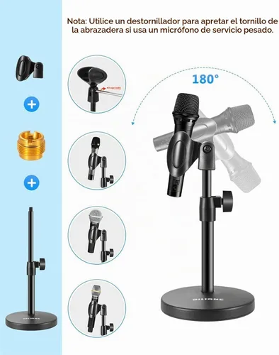 Vista 4 de Soporte de micrófono de escritorio 3 en 1, soporte de micrófono de mesa ajustable en altura Iron material, 1lbs Round Base, with Mic Clip, Cell