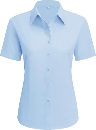 Vista 22 de siliteelon Camisas de vestir para mujer, de manga corta, de algodón, camisa con botones abajo, camisa básica con botones arriba, camisas con cuello