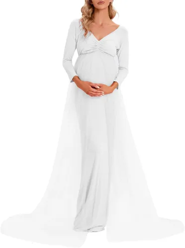 Vista 2 de ZIUMUDY Vestido de maternidad de tul con hombros descubiertos para sesión de fotos, vestido ajustado de manga larga para baby shower