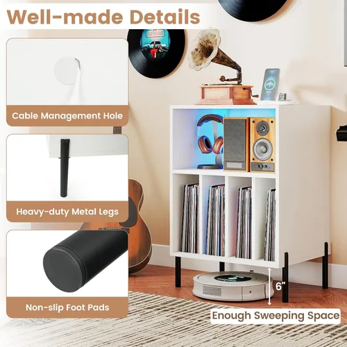 Vista 7 de Giantex Soporte para Tocadiscos con Luces LED y Estación de Carga, Soporte para Tocadiscos con Portadiscos, Mesa para Tocadiscos con Patas de Metal