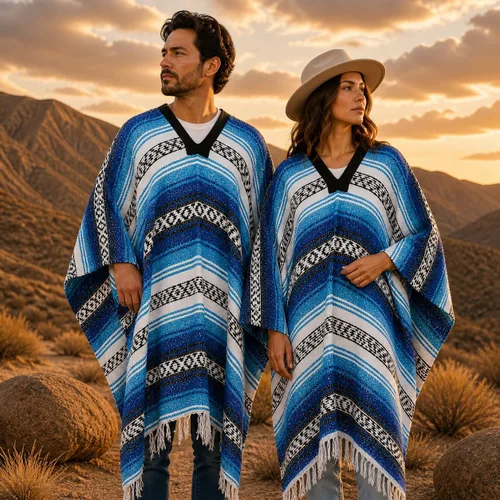 Vista 2 de Artisans Bazaar Poncho tradicional mexicano de Baja para hombres y mujeres, auténtico sarape de Gaban, manta de vaquero Pancho Jorongo Aguamarina
