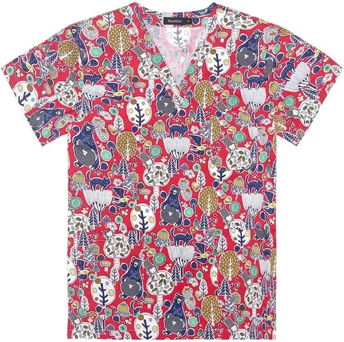 Vista 12 de Uniforme de enfermera de impresión de dibujos animados para mujer, manga corta, uniforme de trabajo de enfermería, uniforme, blusa de algodón 62056