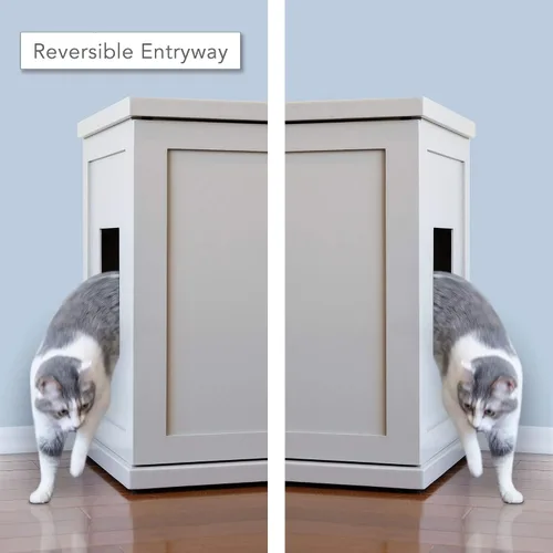 Vista 3 de THE REFINED FELINE Armario de caja de arena para gatos, cabaña, gris humo, pies de mediados de siglo, grande, muebles de arena oculta para gatos