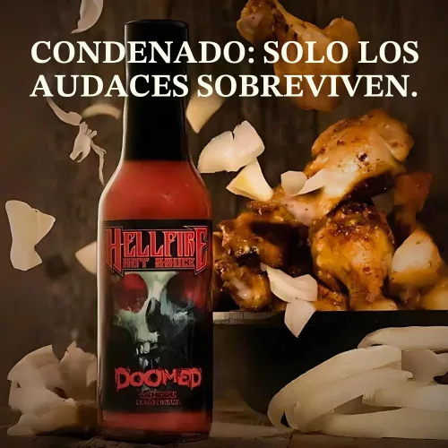 Vista 4 de Hellfire Doomed Salsa Picante, La Salsa Más Picante del Mundo, Reforzada con 6.66 Millones de SHU de Extracto de Pimienta Natural, Probada