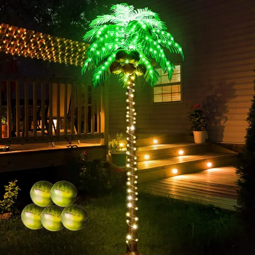 Vista 13 de Ledido - Palmera artificial iluminada de 5 pies, colorida con 3 cocos, 144 luces LED, para exteriores, con control remoto, impermeable, regulable