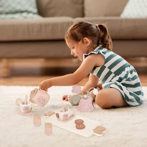Vista 8 de Juego de té de madera para niñas pequeñas, juguete de juego de té con 27 piezas de accesorios de cocina de simulación, juguete de té de princesa