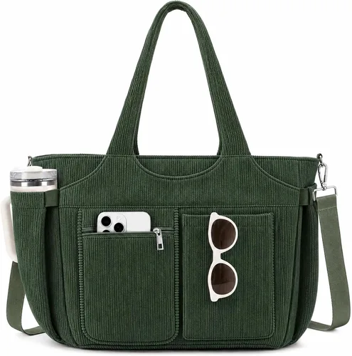 Vista 9 de TOPEAST Corduroy Tote Bag for Women, Laptop Work Tote with Cup Holder Beige-blanco.