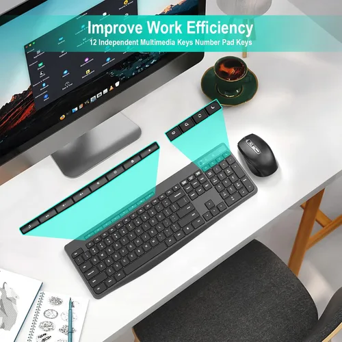 Vista 3 de Combo de teclado y mouse inalámbricos, EarlyLit 2.4G ergonómico de tamaño completo, mouse y teclado USB inalámbricos, 12 teclas de acceso directo