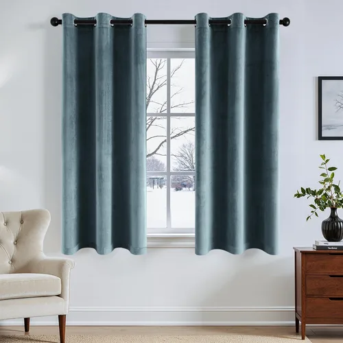Vista 13 de ANRODUO Cortinas de terciopelo beige de 45 pulgadas de largo, opacas con aislamiento térmico insonorizado, cortinas de privacidad para oscurecer