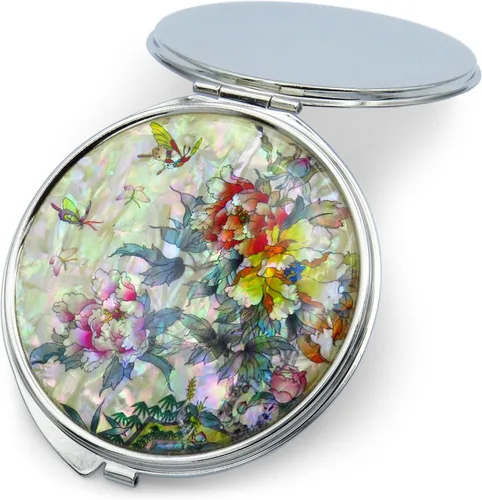 Vista 4 de MADDesign - Espejo de maquillaje compacto de madDesign con diseño de nácar y aumentar las flores de mariposa, rosa y amarillo Espejo redondo