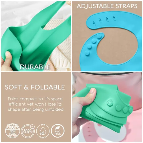 Vista 4 de Sperric Baberos de silicona para bebé, babero de silicona suave con atrapasador de alimentos y material impermeable, ajuste ajustable para bebés
