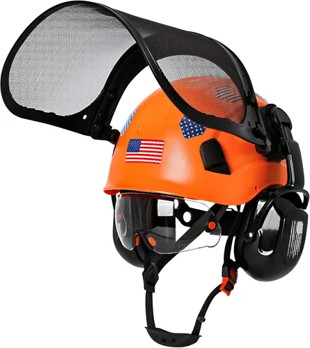 Vista 10 de Casco de motosierra con protector facial y orejeras, casco de arborista ventilado con protección auditiva y máscara de malla completa, casco Kit