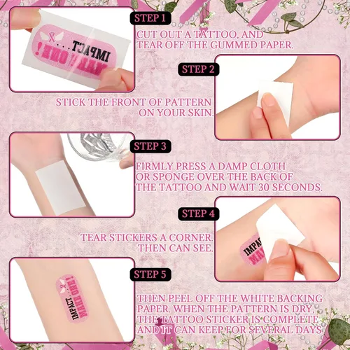 Vista 3 de Landhoow 240 piezas de tatuajes faciales para concientización sobre el cáncer de mama, cinta rosa a granel, tatuaje temporal, purpurina para ojos