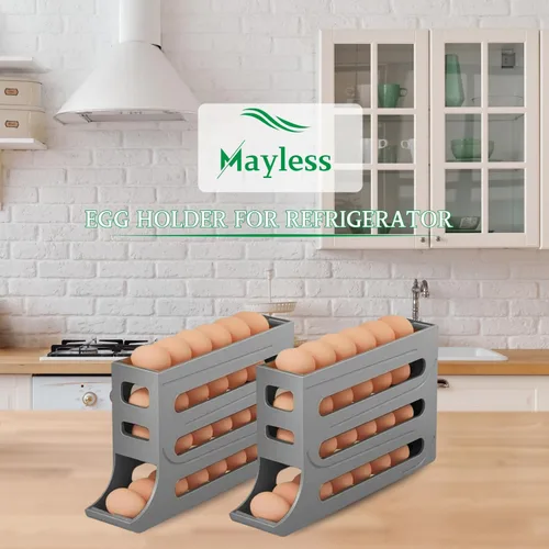 Vista 3 de Soporte para huevos para nevera, organizador de huevos de nevera con ruedas automáticas, estante de huevos para refrigerador. (gris)