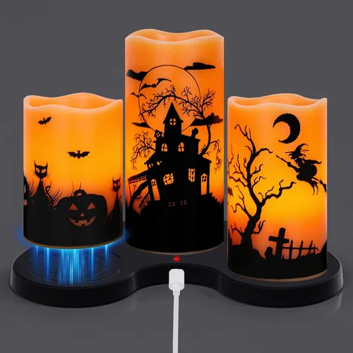 Vista 10 de Wondise Velas de Halloween sin llama con temporizador de 6 horas, velas LED negras de cera real que gotean a pilas, mecha 3D, parpadeante