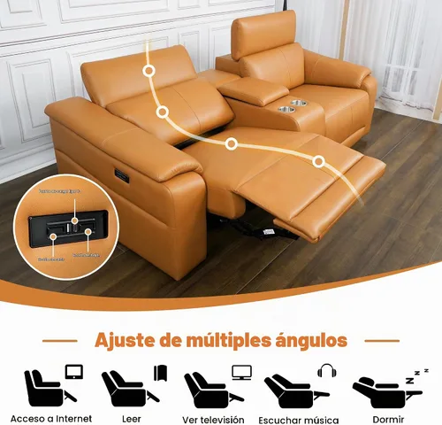 Vista 8 de Sofá reclinable eléctrico de dos plazas, sofá modular reclinable con reposacabezas ajustable y reclinable eléctrico, cuero transpirable con consola