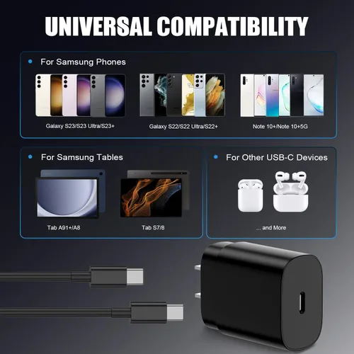 Vista 6 de Paquete de 2 cargadores USB C de 25W para Samsung Galaxy S24 Ultra, bloque de carga rápida súper silenciosa tipo C con cable C a C de 3 pies