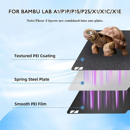 Vista 2 de Placa de construcción P1S X1C PEI con textura suave para Bambu Lab, placa de cama flexible de doble cara de hoja de acero de resorte PEI