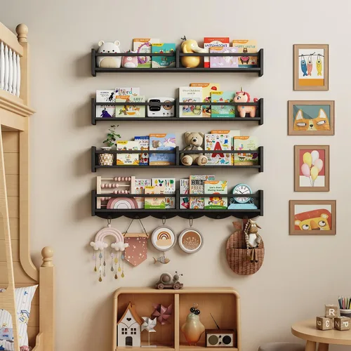 Vista 4 de Estantería de guardería de 34 pulgadas, juego de 4, estante flotante de pared para niños con 6 ganchos, estante colgante para decoración de Negro