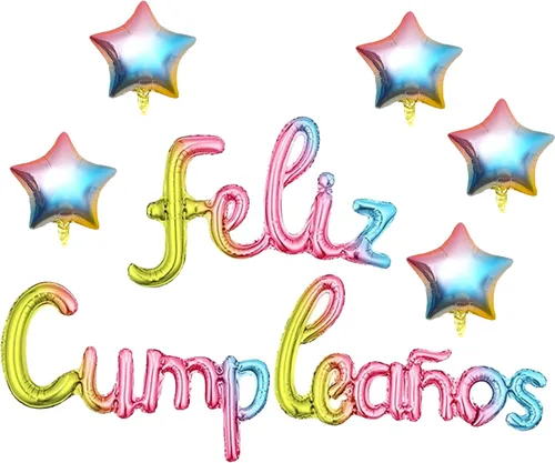 Vista 11 de Cartel de globos de Feliz Cumpleanos con 5 globos de estrella temática de fiesta