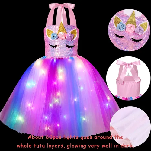 Vista 2 de Unicorn Dress for Girls Unicorn Costume LED Light Up for Dress up Halloween Birthday Party Decoration Unicorn Gifts