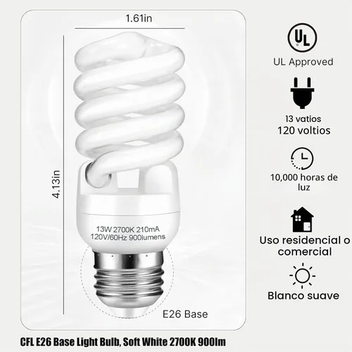 Vista 2 de CFL - Bombillas fluorescentes compactas con base E26, espiral T2 de 13 vatios (equivalente a 60 vatios), color blanco suave, 2700 K, 900 lm