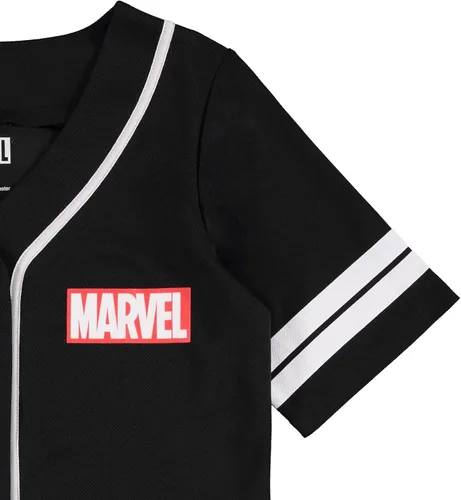 Vista 4 de Marvel Camiseta de béisbol para mujer, diseño de Spiderman, Ironman, Capitán América y Hulk, malla con botones
