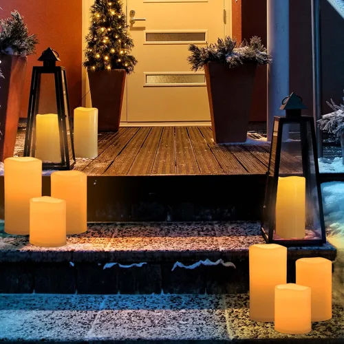Vista 2 de Velas LED sin llama impermeables para exteriores de 6", 8", 10" x 5", que funcionan con baterías, velas tipo pilar parpadeantes LED con control