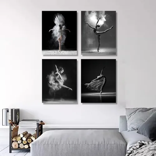 Vista 5 de NCYEL 4 piezas de arte de pared de ballet en blanco y negro, lienzos de chica bailando, elegante decoración de pared de danza, póster moderno