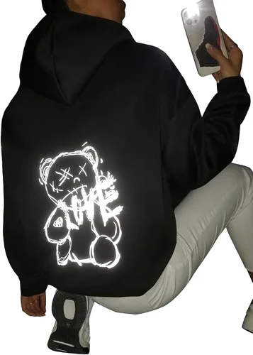 Vista 5 de GORGLITTER Sudadera con capucha y cordón reflectante para mujer, manga larga, hombros caídos, sudadera con capucha