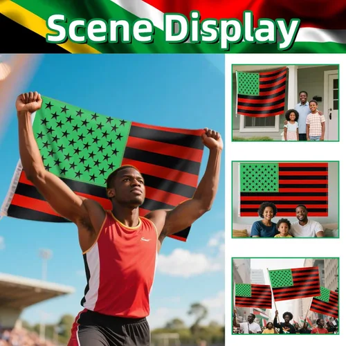 Vista 3 de Bandera de Liberación Africana 3x5 pies resistente para exterior, bandera Pan-Africana Afro-Americana doble cara de 210D, franjas rojas, negras