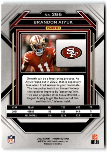 Vista 2 de 2022 Panini Prizm Football #266 Brandon Aiyuk San Francisco 49ers Official NFL Trading Card